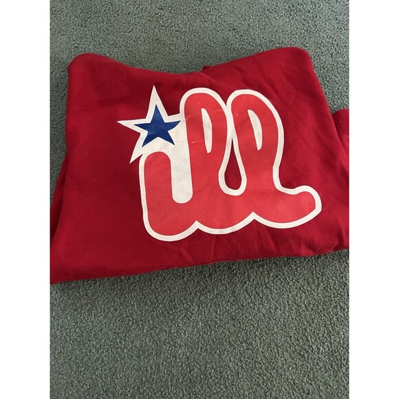 Jerzees Red Hoodie with White and Blue Design - Picture 13 of 14